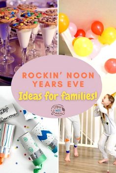 there is a collage of pictures with different things in them and the words rockin'noon years eve ideas for families