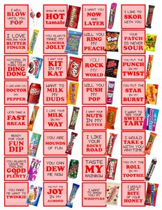 the candy bar game is shown with words and pictures in red, white and black