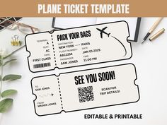 This airplane ticket template is a customizable and printable digital download, perfect for travel-themed events, gift surprises, or as a unique invitation! Easily editable using CANVA, you can personalize flight details, dates, destinations, and more to suit your occasion. Whether it's a birthday, anniversary, or adventure reveal, this template gives you a stylish and clean ticket design that will add a memorable touch to your celebration. It's simple to use--download, edit, and print! ENJOY!  PLEASE NOTE: This is a digital product template. After editing, you will need to print out the product. After purchasing, you will receive a PDF with a link to access this ticket template in the free online design program Canva. Log in to your Canva account and edit the template however you want!  T Flight Ticket Design Template, Flight Ticket Design, Plane Ticket Template, Boarding Pass Printable, Ticket Design Template, Passport Template, Invitation Unique, Plane Ticket, Ticket Design