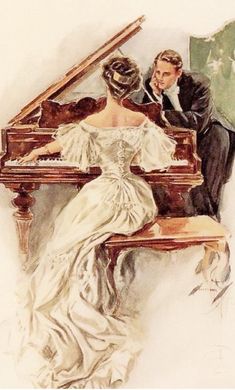 a painting of a man and woman sitting at a grand piano, looking into each other's eyes