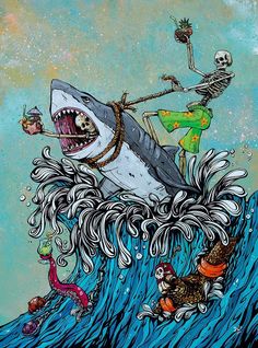 a drawing of a shark riding a wave with people on it's back and skeleton in the background