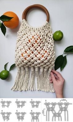 an image of a bag made out of yarn and wood with oranges on the side