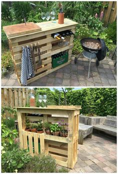 an outdoor bar made out of pallets and wooden crates with plants growing on top