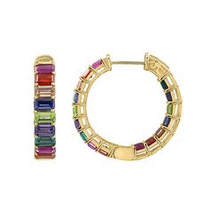 Radiance by Absolute™ 6.78ctw Emerald-Cut Stone Rainbow Hoop Earrings There's no end to the rainbow of styling possibilities you'll discover in this hoop earring. Lots of sparkling, simulated diamond color make the spirited, inside-outside design such a vibrant and versatile look. Wear the hoop as a statement single. Style it with other small studs, drops and hoops. Either way, it's a fab choice for special days or any day.        Each approx. 15/16"L x 13/64"W     Stamped .925 sterling silver; Signature Jewelry, Diamond Color, The Rainbow, Emerald Cut, Colored Diamonds, Color Mixing, Jewelry Collection, Platinum, Emerald