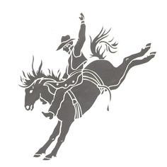 a drawing of a cowboy riding a bucking bronco in the air with his hand up