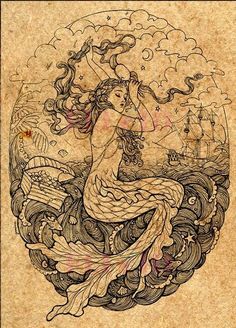 a drawing of a mermaid sitting on top of a wave