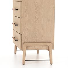 a wooden cabinet with three drawers and two legs