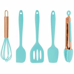 the kitchen utensils are mint green with copper handles and spoons on each side