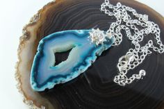 Sapphire Blue Agate Necklace Agate Druzy Slice by AliraTreasures, $47.00 Dyed Agate, Sun Charm, Blue Agate, Blue Necklace, Sapphire Blue