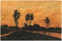 an oil painting of trees in the distance with yellow and orange sky behind them,