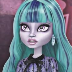 a digital painting of a girl with green hair and blue eyes wearing a purple dress