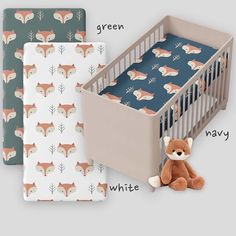 a baby crib with two sheets and a stuffed animal next to it