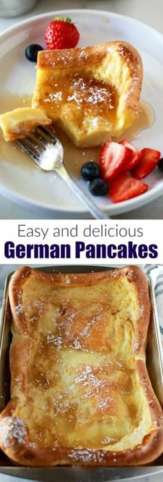 two pictures with different types of food on them and the words easy and delicious german pancakes