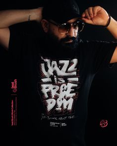 Portrait of a guy wearing a black tee with the 'Jazz is Freedom' quote in vintage graffiti style lettering. Vintage Graffiti, Feel The Rhythm, Thelonious Monk, Jazz Club, Jazz Musicians, Graffiti Styles, The Wild, Statement Pieces, Your Style