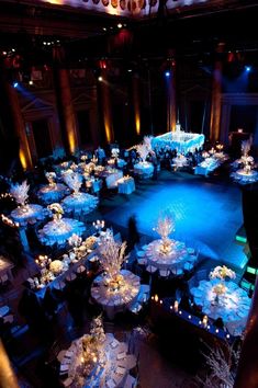 an overhead view of a banquet hall with tables and chairs set up for a formal function