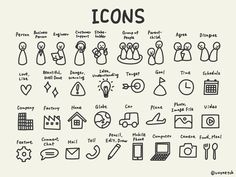 the icons are drawn in black and white on a piece of paper that says icons