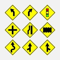 yellow traffic signs with arrows pointing to the left and right directions on them, all in different