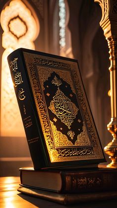 an illuminated book sitting on top of a wooden table