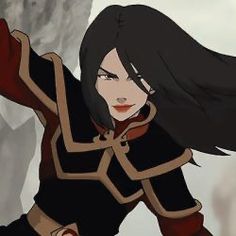 an animated image of a woman with long black hair and red gloves holding her arms out in the air