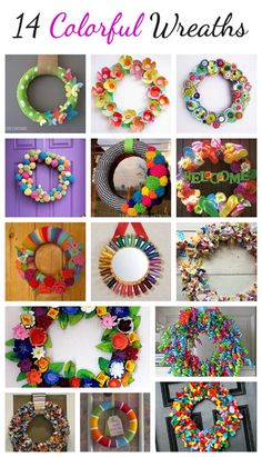 colorful wreaths made out of different types of buttons and beads are featured in this collage