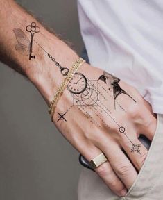 a man's hand with a tattoo on it and an arrow in the middle