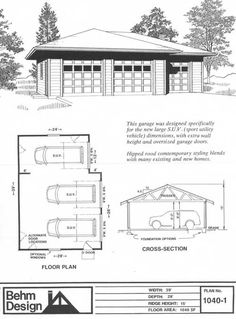 the plans for a two car garage are shown in black and white, with an attached carp