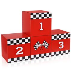 two red blocks with numbers and checkered designs on each block, one for the race