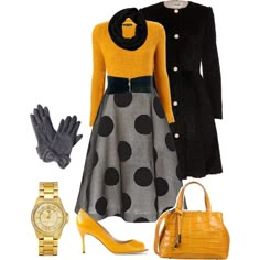 #Yellow mustard, grey and black #outfit #dress #dots Apostolic Fashions, Outfit Essentials, Fashion Modest, Apostolic Fashion, Eyewear Glasses, Vogue Eyewear, Yellow Outfit, فستان سهرة