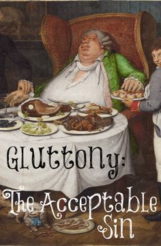 an advertisement for guttsony the accepable sin, with two men sitting at a table eating food