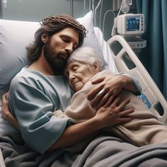 a man laying in a hospital bed with his head on the arm of an older woman