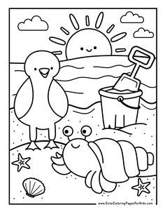 a coloring page with an image of two birds on the beach