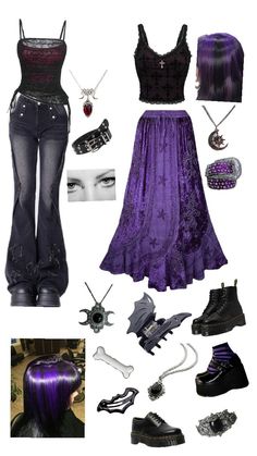 Enchantress Aesthetic Outfit, Whimsigoth Birthday Outfit, Spidercore Outfits, Purple Witch Outfit Aesthetic, Witchy Outfits Pants, Whimsical Witch Aesthetic Outfit, Black And Purple Goth Outfit, Elissabat Inspired Outfit, Purple Romantic Goth