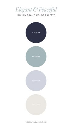 the different shades of gray and white in this image are shown with text that reads elegant & peaceful luxury brand color palette