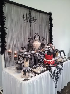 the table is covered with black and white decorations