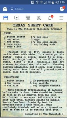 an old recipe for texas sheet cake on the app store's facebook page,