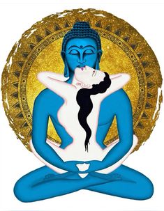 a painting of a person sitting in the middle of a yoga pose with their arms around each other