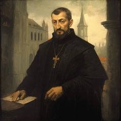 a painting of a man with a cross on his neck and holding a book in front of him