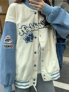 ⚡️Buy Vintage Embroidery Varsity Jacket Blue M under $32.00 in Jackets Online. Style: Casual, Street Color: Blue/Pink Fabric Content: Polyester, Cotton Fit Type: Loose fit Neckline: Stand Collar Sleeve Length: Long Sleeve Design: Toweling Embroidery Detail, Snap Button Fastening, Elasticated Cuffs, Contrast Stripe Detail, Functional Pockets. ✓2022 NEW YEAR SALE | $10 OFF OVER $75 CODE: NY1 I $25 OFF OVER $125 CODE: NY2 | $35 OFF OVER $215 CODE: NY3✓Free Shipping on all orders over $69 USD.. Chec Embroidery Varsity Jacket, Pastel Varsity Jacket, Cute Jackets Aesthetic, Blue Jacket Aesthetic, Varsity Jacket Outfit Aesthetic, Varsity Jacket Design, Pink Color Combination, Long Sleeve Design, Baseball Varsity Jacket