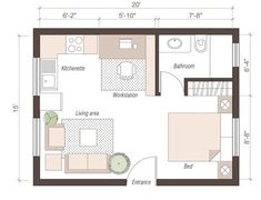 the floor plan for a small apartment with one bedroom and an attached living room area