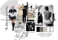 fashion collage with black and white images in the background, including an image of a woman's torso