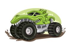 the monster truck is green and has large tires