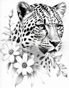 a black and white drawing of a leopard with flowers