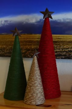 three small christmas trees are sitting on a shelf