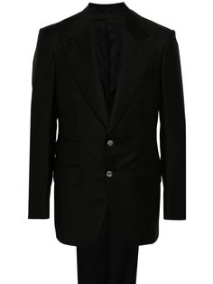 black wool-mohair blend tailored design Blazer: peak lapels shoulder pads long sleeves buttoned cuffs chest welt pocket dart detailing two side flap pockets central rear vent multiple internal slip pockets full lining straight hem front button fastening Trousers: waist tabs two side slash pockets pressed crease full-length two rear button-fastening jetted pockets concealed front hook and zip fly fastening 80s Suits Men, 80s Suit, Mohair Suit, Cashmere Suit, Stylish Mens Suits, Black Suit Men, Tom Ford Suit, Suit Black, Black Tuxedo