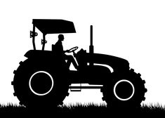 the silhouette of a tractor is shown in black and white, with an image of a man driving it