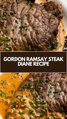 the cover of gordon ramsay'steak dane recipe on a plate with sauce and herbs