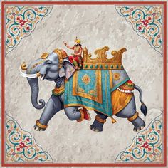 an elephant with a man riding on the back of it's head in front of a decorative border