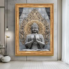 a buddha statue in a frame on the wall