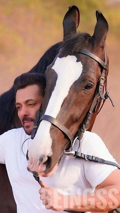 a man holding the reins of a brown and white horse