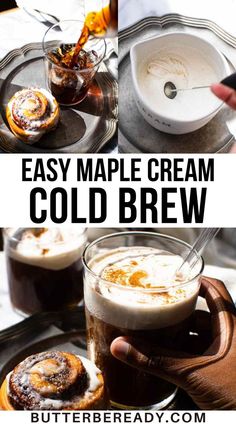 an image of homemade maple cream cold brew with cinnamon rolls in the foreground and on the background